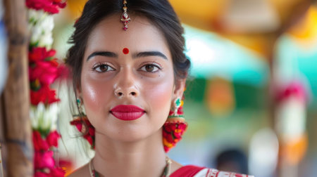 A stunning portrait of a young Indian woman wearing traditional attire and vibrant jewelry, capturing the essence of cultural beauty and celebration.の素材