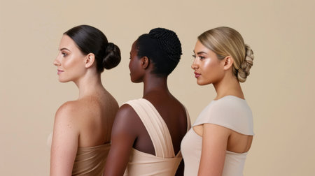 This image features three beautiful women of diverse backgrounds, each showcasing a unique updo hairstyle, celebrating beauty in its various forms.の素材