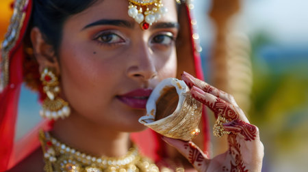 A stunning portrait of a woman in traditional attire holding a decorative shell. Her intricate henna designs and radiant jewelry capture the essence of cultural beauty amidst a vibrant nature backdrop.の素材