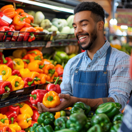A cheerful man enjoys selecting a variety of fresh bell peppers in a bustling grocery store, highlighting the joy of healthy eating and vibrant produce.の素材