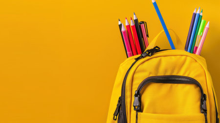 A lively yellow backpack filled with colorful pencils against a matching yellow backdrop, perfect for themes related to education, creativity, and school.の素材