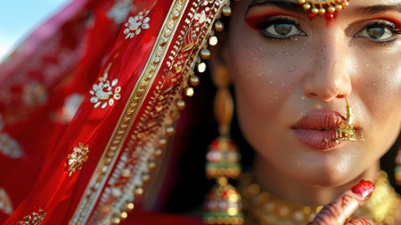 This stunning portrait captures a woman in vibrant red attire, adorned with exquisite jewelry and elegant makeup. The detailed close-up emphasizes beauty and tradition.の素材