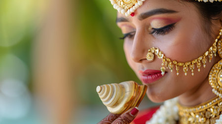 A stunning bride showcases her beauty adorned in intricate jewelry while delicately holding a decorative shell, capturing a blissful moment and cultural elegance.の素材