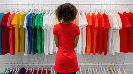 A woman stands in a clothing store, contemplating a diverse selection of vibrant t-shirts arranged neatly on hangers, showcasing retail fashion and individual style.の素材