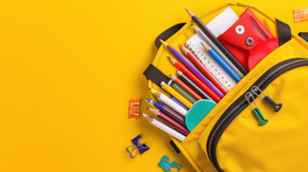 A vibrant yellow backpack overflowing with an array of colorful school supplies, perfect for students and artists alike, set against a bright yellow background.の素材