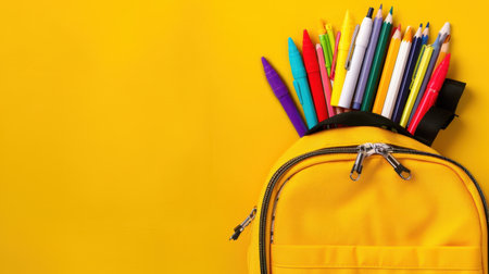 A bright yellow backpack overflowing with an array of colorful writing tools such as pens and pencils, set against a vivid yellow background, perfect for showcasing creativity and education themes.の素材