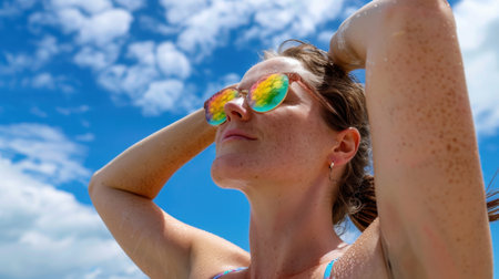 A young woman enjoying a sunny day outdoors, with colorful sunglasses reflecting the bright blue sky. Her expression radiates joy and relaxation, perfect for summer vibes.の素材
