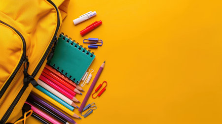 A cheerful arrangement of colorful school supplies and a bright yellow backpack showcases creativity and organization against a vivid backdrop. Perfect for education and back-to-school themes.の素材
