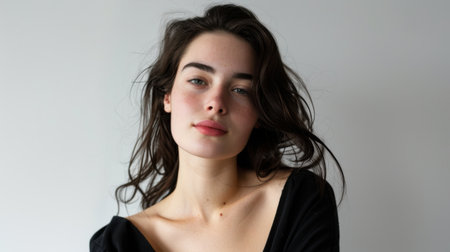 A captivating portrait of a young woman showcasing her natural beauty and soft features against a neutral background, radiating confidence and grace.の素材
