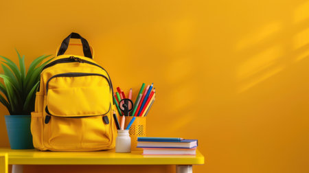 A vibrant yellow backpack sits on a bright table surrounded by colorful school supplies and a potted plant, creating an inviting study environment.の素材