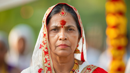This captivating portrait features a traditional Indian woman adorned in intricate bridal attire, complete with colorful jewelry and a rich red dupatta, symbolizing cultural heritage.の素材