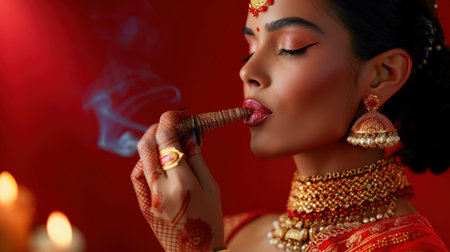 A beautiful Indian woman showcases her elegance with intricate jewelry while applying incense in a vibrant red setting, exuding grace and cultural richness.の素材