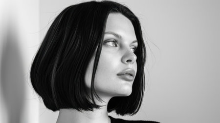 This striking monochrome portrait features a young woman with short black hair showcasing her confident expression against a light background.の素材