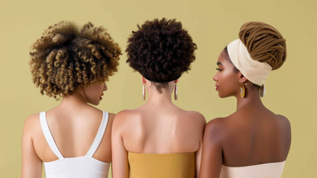 A captivating image featuring three women with diverse natural hairstyles, celebrating beauty and individuality against a soft yellow background, showcasing unique styles and confidence.の素材