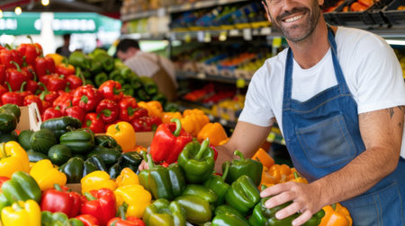 A cheerful male vendor stands in a vibrant farmer's market, showcasing an array of fresh bell peppers. This colorful scene captures the essence of local commerce.の素材