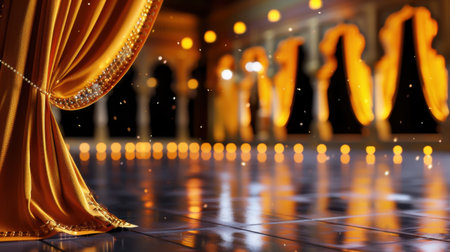 This image showcases an elegant golden curtain, softly draping in an exquisite palace interior. Shimmering lights create a magical ambiance, perfect for formal events or performances.の素材