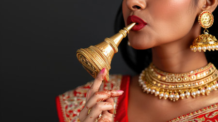 A captivating close-up of a stunning woman in traditional attire, gently holding a golden bell. Her rich jewelry and elegant pose enhance her beauty, showcasing cultural grace and charm.の素材