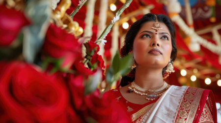 A beautiful Indian woman dressed in traditional attire gazes thoughtfully amidst vibrant red roses. This image captures the essence of celebration and tradition.の素材