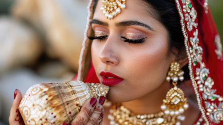 A stunning portrait of a woman adorned in traditional jewelry, delicately holding a seashell, showcasing her beauty and cultural elegance against a serene background.の素材