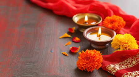 This vibrant image captures the essence of celebration with glowing oil lamps, marigold flowers, and rich fabric, creating a warm and inviting atmosphere for festive occasions.の素材