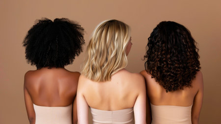 This image showcases a trio of women with varying hair textures, promoting beauty in diversity. The warm tones and elegance highlight individuality and unity.の素材