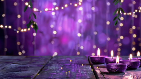 This captivating image features glowing candles set against a vibrant purple background adorned with soft bokeh lights, creating a serene and peaceful atmosphere perfect for relaxation or celebrations.の素材
