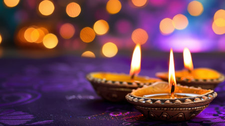 Three traditional diyas with flickering flames sit gracefully on a vibrant purple cloth, surrounded by enchanting bokeh lights, perfect for festive occasions.の素材