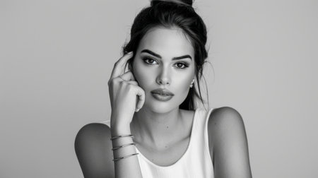 This stunning black and white portrait features a young woman exuding elegance and poise, showcasing her delicate features and confident expression.の素材