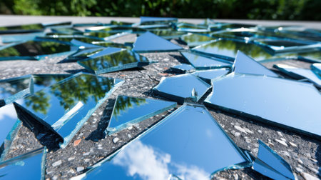 A stunning close-up of shattered glass pieces scattered across a surface, showcasing intricate reflections of nature and vibrant colors under sunlight.の素材