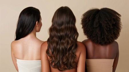 This image features a diverse group of women from the back, showcasing different hair textures and styles, emphasizing individuality and natural beauty in an elegant setting.の素材