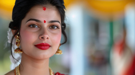A stunning young woman poses gracefully, showcasing traditional makeup and exquisite jewelry against a vibrant background celebrating cultural heritage.の素材