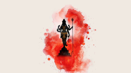 A striking silhouette of a goddess stands amidst a vibrant watercolor splash, symbolizing strength and spirituality in a culturally rich representation.の素材