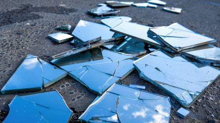 This image captures shattered mirror fragments scattered on a textured ground, reflecting the clear blue sky. The composition reveals the intricate details of broken glass.の素材