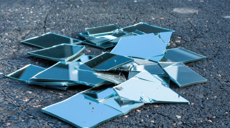 A collection of shattered glass pieces lies on a rough asphalt surface, creating a compelling scene of broken reflections and texture. The light interacts with the shards, forming a unique visual experience.の素材