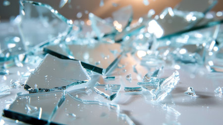 A stunning visual of shattered glass pieces scattered across a reflective surface, capturing the intricate details and interplay of light and texture.の素材