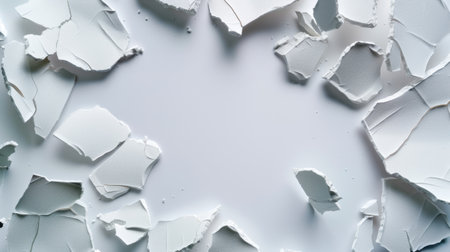This image features a cracked and chipped white surface with pieces of textured material arranged around a clean, empty center. It is ideal for artistic projects, backgrounds, and design elements.の素材