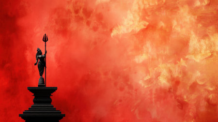 A powerful statue of a deity holding a trident stands prominently against a striking fiery background, creating a captivating visual experience celebrating mythology and tradition.の素材