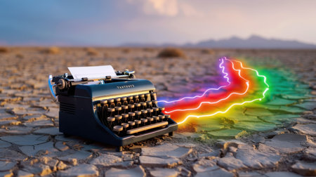 A vintage typewriter sits on cracked earth, with colorful neon lights emanating from its keys, creating a whimsical and surreal atmosphere in a sunset landscape.の素材