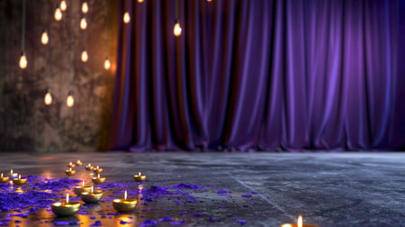 A beautifully arranged space featuring lit candles on the floor, soft purple curtains, and warm hanging lights creating a serene atmosphere for any event.の素材