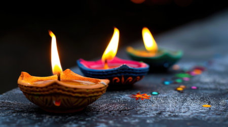 Three elegant oil lamps with flickering flames rest on a textured stone surface, creating a warm ambiance perfect for festive celebrations.の素材