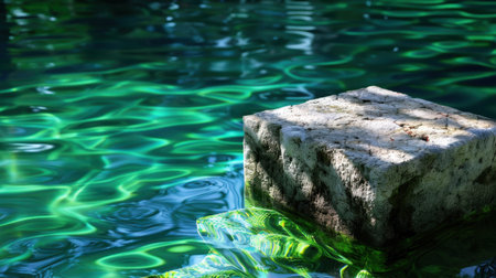 This captivating image showcases a textured stone block emerging from tranquil blue water, reflecting natural light and creating a serene outdoor scene.の素材