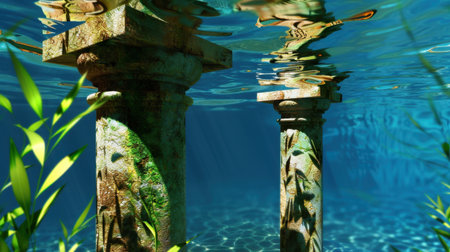 Explore a serene underwater scene featuring ancient columns adorned with intricate carvings, surrounded by lush greenery and vibrant blue water.の素材