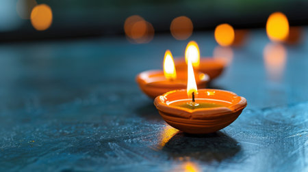 A serene image featuring traditional diyas with flickering flames, creating a warm and inviting atmosphere perfect for celebrations and festivities.の素材