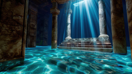 This stunning image captures a mystical underwater temple, illuminated by beams of sunlight through ancient columns, creating a serene and enchanting atmosphere.の素材