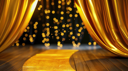 A beautiful stage setting featuring golden velvet curtains and shimmering bokeh lights, perfect for adding elegance to any event or performance backdrop.の素材