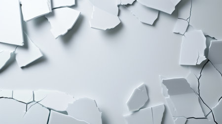 This image features a broken white surface with fragmented pieces, creating a striking and textured background perfect for design projects and abstract concepts.の素材