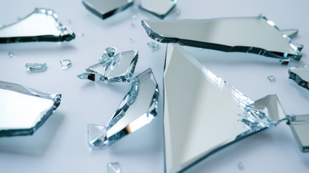 This image showcases various shattered glass pieces scattered on a clean white surface, creating a striking visual element suitable for artistic designs and backgrounds.の素材
