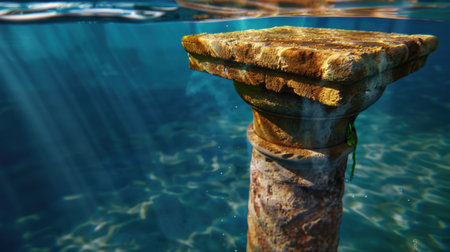 This captivating image features an ancient stone column submerged in clear blue water, illuminated by soft rays of sunlight, creating a serene underwater scene.の素材