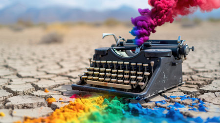 A vintage typewriter releases vibrant smoke in shades of blue, red, and pink, set against a backdrop of cracked earth, symbolizing creativity and imagination.の素材