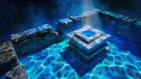An enchanting depiction of an ancient stone structure submerged in calm blue water, illuminated by radiant light rays, creating a serene and magical atmosphere.の素材